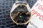 Perfect Replica Jaeger LeCoultre Black Moonphase Face Gold Bezel Leather Strap 41mm Watch
